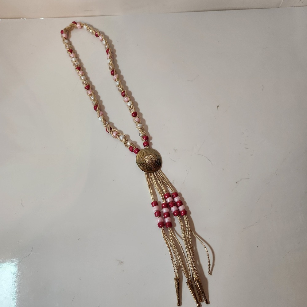 Vintage Western Bolo Tie Necklace‎ Gold Cord Pink Red Beads Brass Medallion